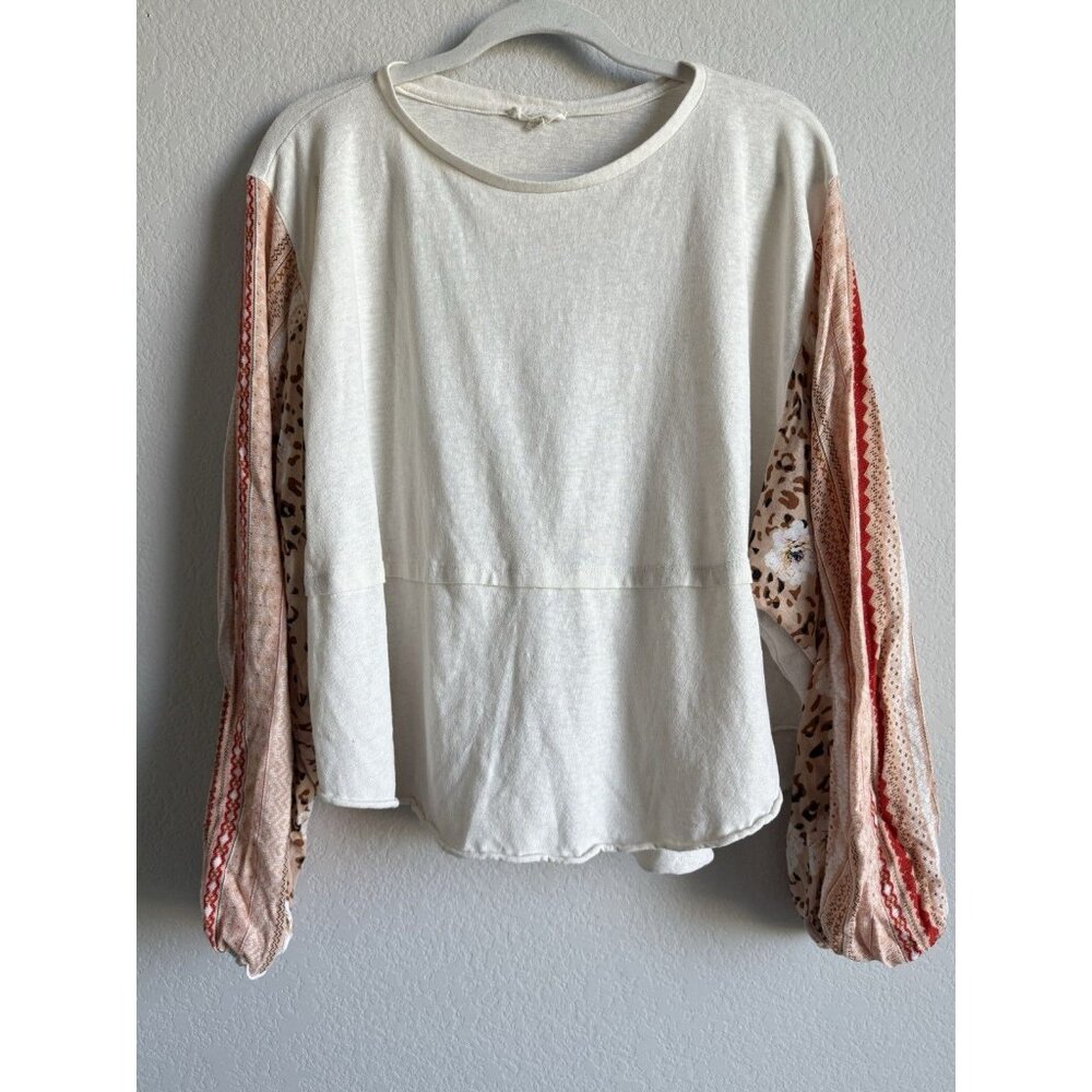 Easel Women’s Large Boutique Cream Patchwork Flare Balloon Long Sleeve Top Boho‎ - Picture 7 of 8